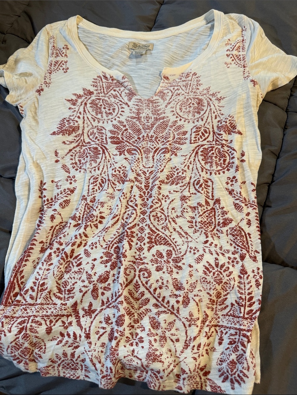 Lucky Brand Cream Short Sleeve Tee with Rusty Red Floral Print